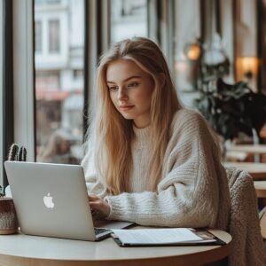 Blonde student working intently on her laptop in a cozy café.