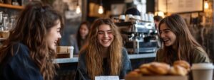 Three happy students laughing and chatting in a cozy coffee shop