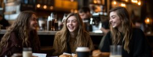 Three college students laughing together at a cafe over coffee and notes