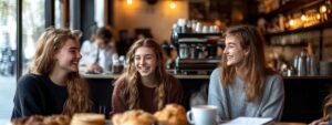 Three young college women laughing at a café over coffee and pastries
