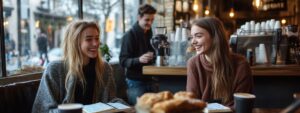 Two college students laughing and enjoying coffee at a café.