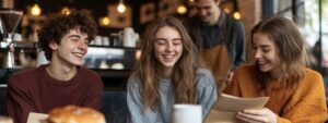Three smiling students laughing together inside a cozy café.