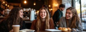 Three college girls laughing and chatting over coffee and notebooks in a cozy café