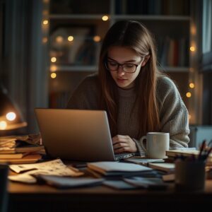 A girl in glasses intently working on her laptop, surrounded by books in a softly lit study space.