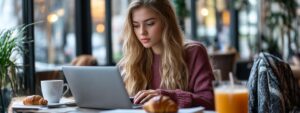 Blonde woman studying with orange juice and croissant in a stylish café.