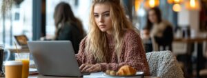 Focused young woman studying on her laptop with coffee and breakfast in a cozy café
