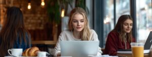 Blonde student in cafe working on laptop, two others in background