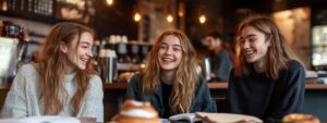 Three college students laughing together at a cafe table with books and pastries.