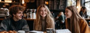 Three young students smiling around a study table with notebooks and coffee