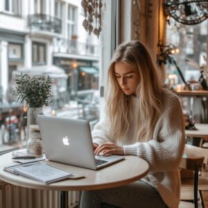 Student in white sweater working on a laptop at a café window.