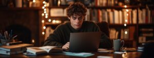 Male college student working on a laptop in a cozy library setting