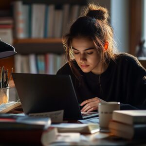 Young woman studying hard at her desk with books, coffee, and laptop.