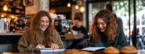 Two smiling female college students studying at a cozy café.