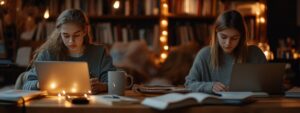 Two college girls studying at night, surrounded by books and fairy lights.
