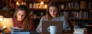 Two college students studying late night with laptops and books