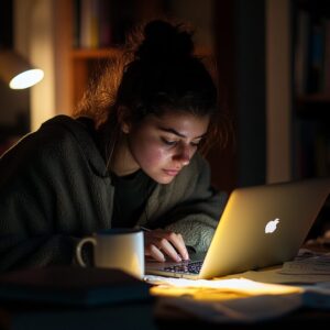Young woman pulling a late-night study session on laptop for a MathXL test.