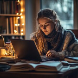 College student studying at home during twilight hours.
