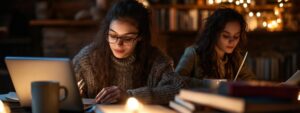 Two female students studying in a candle-lit room with laptops and mugs.