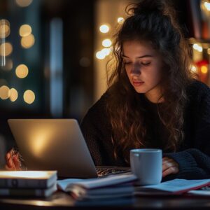 College student studying late at night with a laptop and coffee under warm lighting.