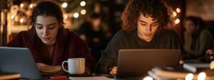 Two college students working on laptops at night in a dimly lit study lounge