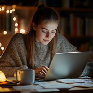 Woman studying at night on laptop with coffee mug and twinkle lights.