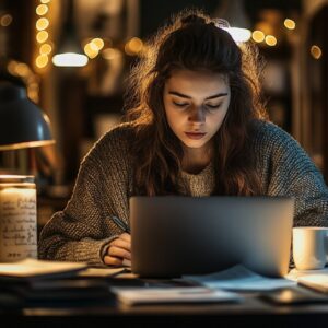 Focused student studying late at night with laptop and candlelight