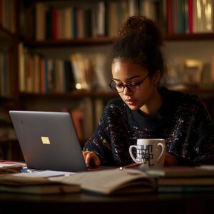 Female student wearing glasses, studying on laptop at home library