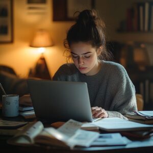 Woman studying late at night with coffee and books spread out
