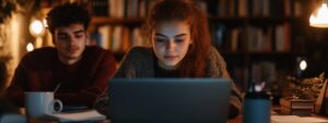 Girl with red hair studying on her laptop beside a male student in a dimly lit room.