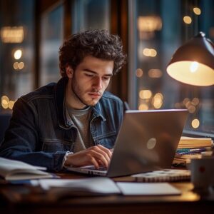 Focused male college student working on a laptop in a cozy study space.