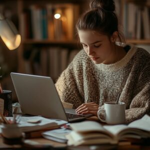 Focused student studying at night with laptop and coffee