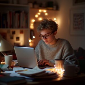 Student studying alone at night with laptop and string lights in background