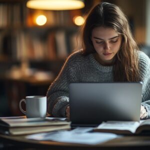 Female college student studying late at night with books and laptop