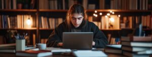 Focused college student working late on a laptop in a library.
