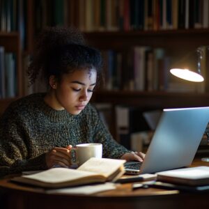 Focused student working late at night under a desk lamp with coffee and books.