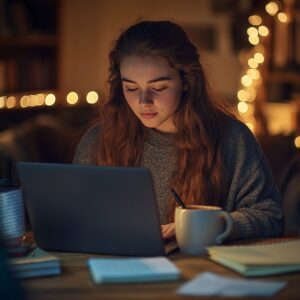 College student studying late at night with laptop and hot drink in dim lighting.