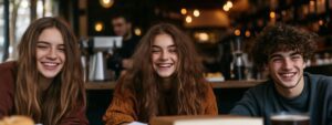 Three smiling students chatting at a café with textbooks on the table.