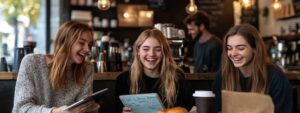 Three female students laughing together at a café with notebooks and drinks