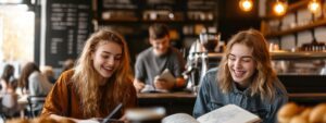Two female college students laughing while studying together in a cozy café