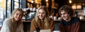 Group of smiling students at a café table with notebooks and coffee.