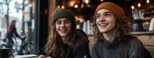 Two smiling students wearing beanies chatting happily over coffee and notes at a cozy café.