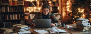 Student in a warm flannel shirt studying at a rustic library table filled with books