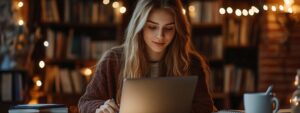 Female student smiling at laptop in a cozy, string-lit library
