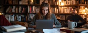 College student focused on her laptop in a cozy library with coffee and books.