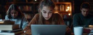 Student in a library wearing a brown sweater, concentrating on her laptop.