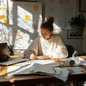 Student drawing notes and plans on a paper-covered desk with a large study board in the background.