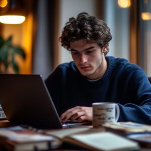 Young man with curly hair working on a laptop, surrounded by books and coffee in a quiet study space.
