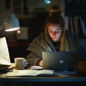 Student wrapped in a blanket working on laptop late at night with notes and a cup of coffee.