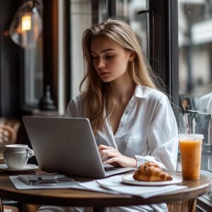 Young woman in white shirt working on laptop with coffee and croissant