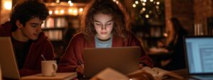 Two students studying together at a cozy library with laptops and books under warm lights.